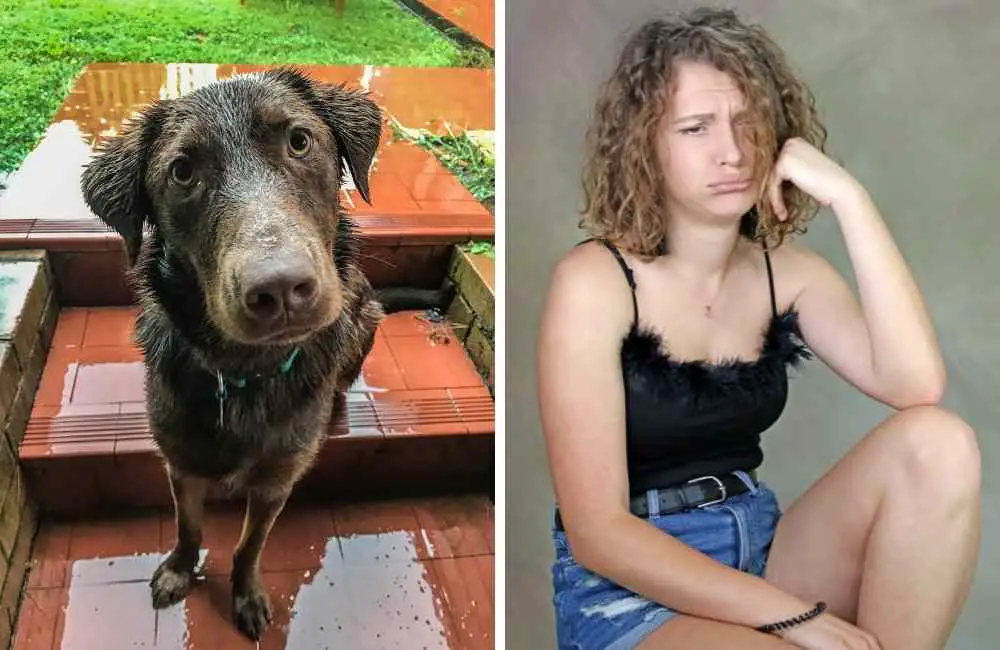 woman looking miserable with dog